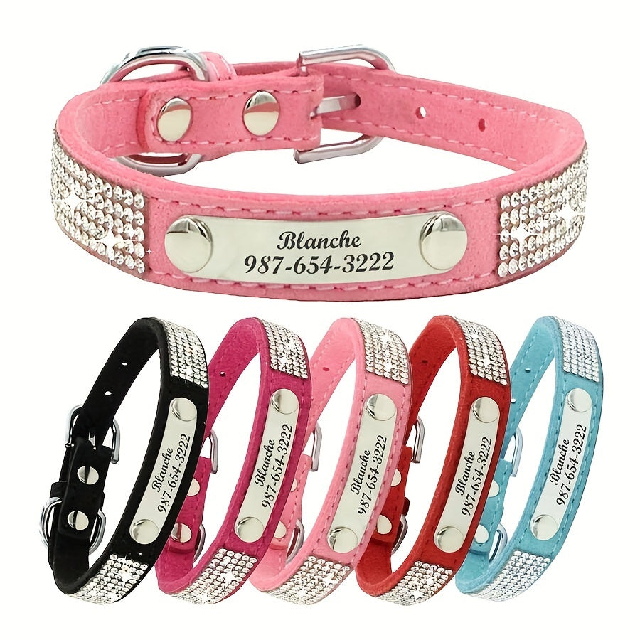 Custom Rhinestone Dog Collar with Engraved ID Tag for Pets