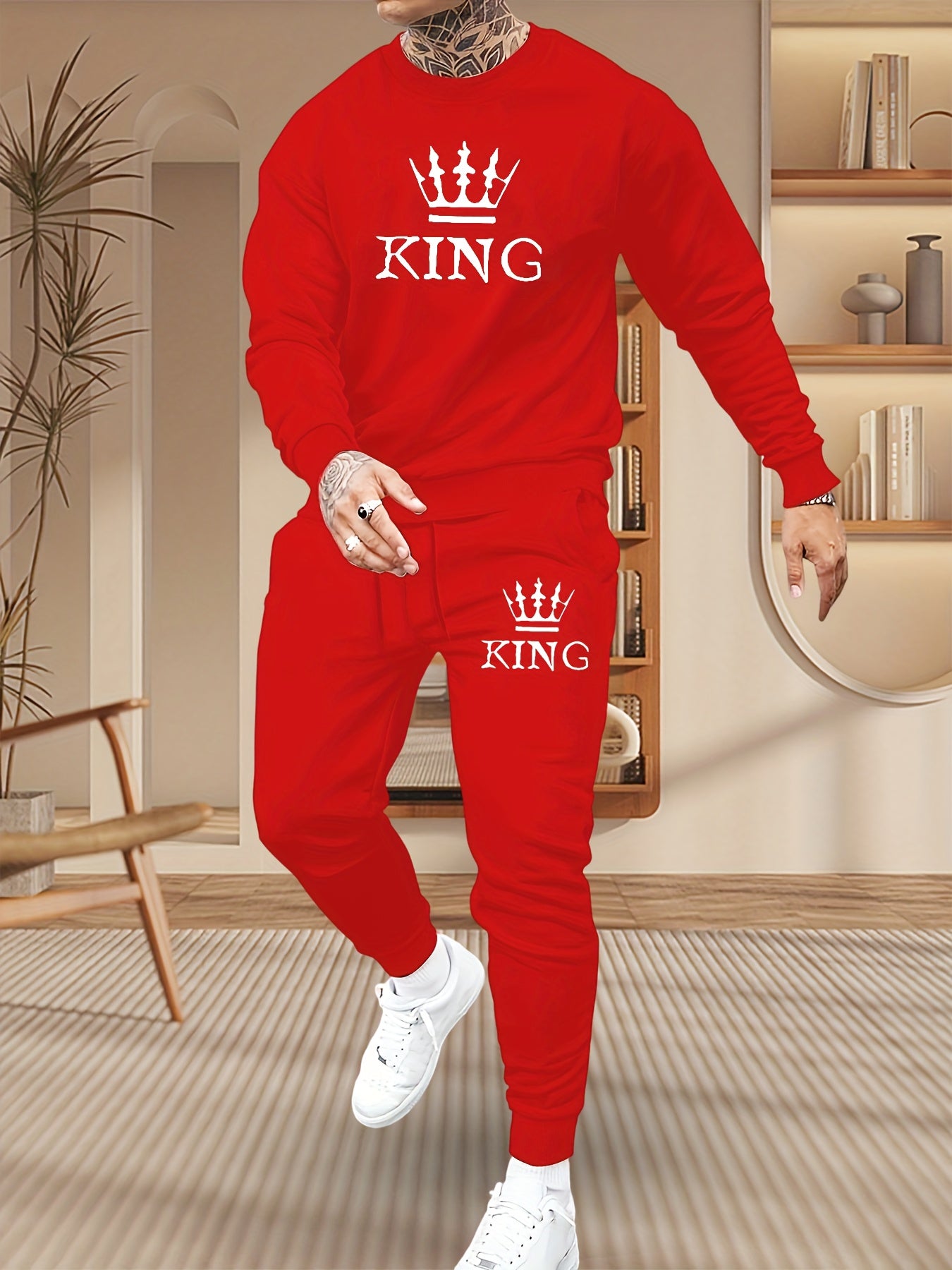 Men's Stylish Crown Print Sports Trousers Set 2pcs