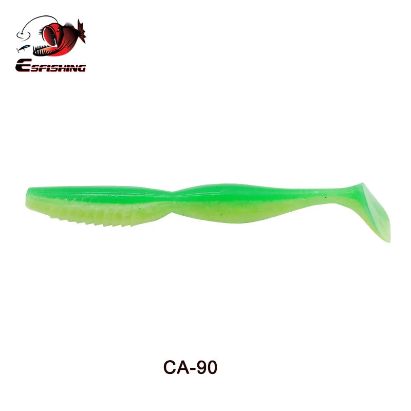 Green soft plastic fishing lure with paddle tail, labeled CA-90 on white background.