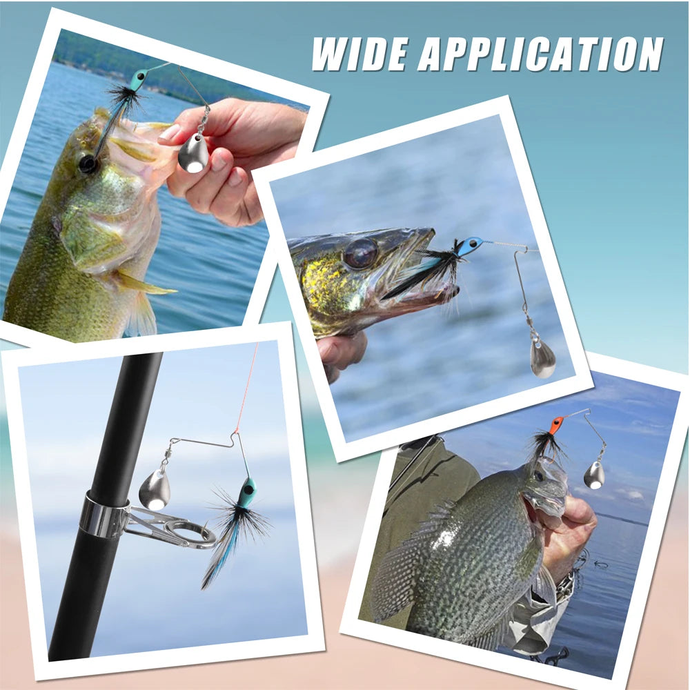 Collage showing fishing lures catching various fish and attached to a fishing rod outdoors.