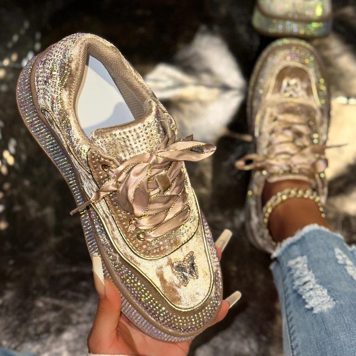 Luxury Rhinestone Platform Sneakers for Women by HookUpCo.