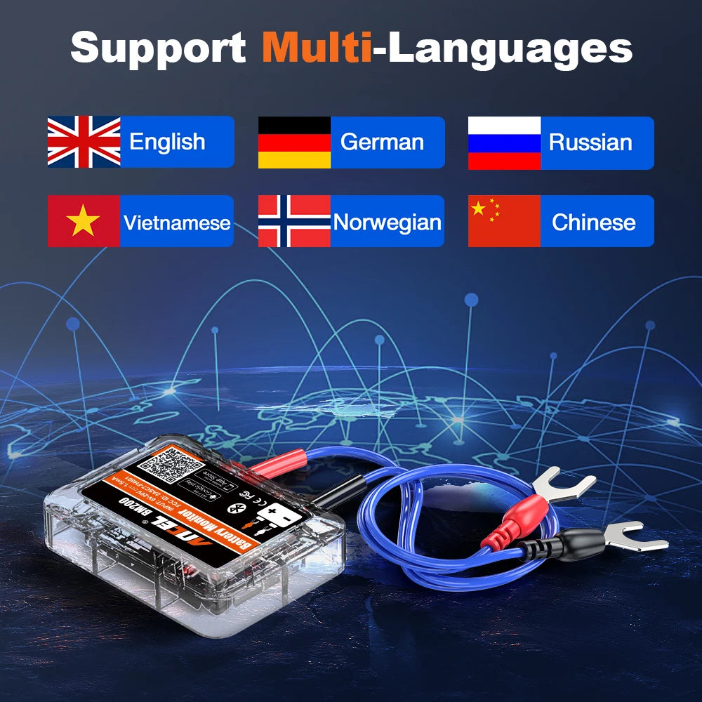 Electronic device with cables on a dark background with language support flags displayed.