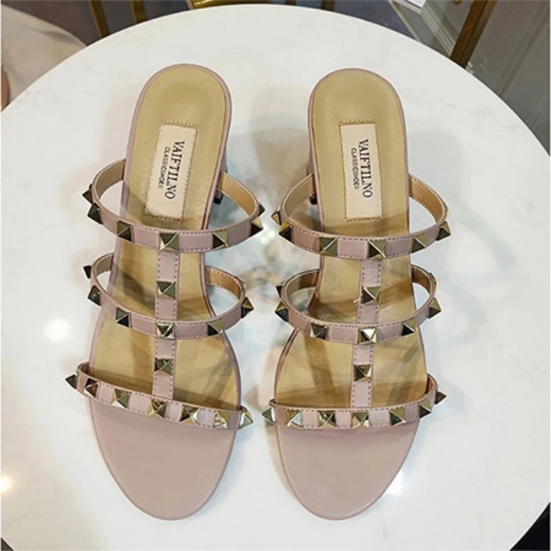 Elegant Block Heel Sandals with Hollow Rivets for Women