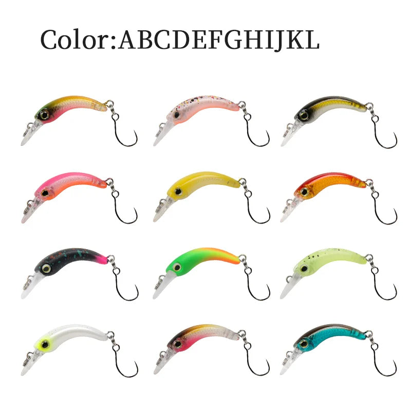 Assorted colorful fishing lures with single hooks displayed in a 3x4 grid layout.