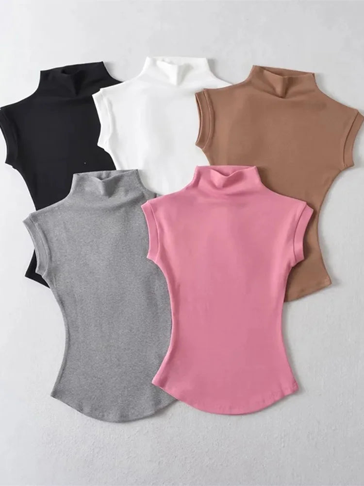 Slim Fit Sleeveless Turtleneck Summer Tops for Women