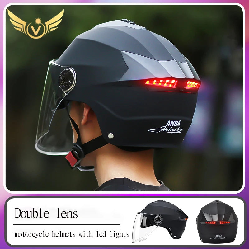 Rechargeable Moped Helmet with LED Lights and Double Visor