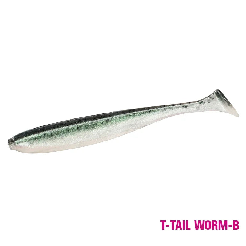Realistic T-tail soft plastic fishing lure in green and silver, labeled T-Tail Worm-B.