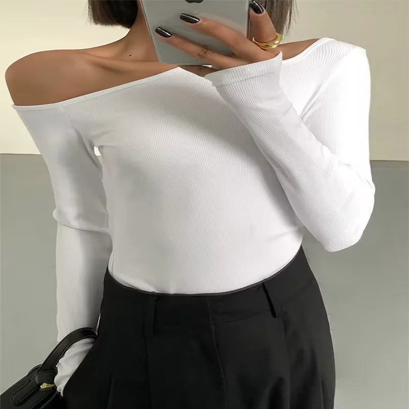 Skew Collar Off-Shoulder Crop Top for Spring Fashion