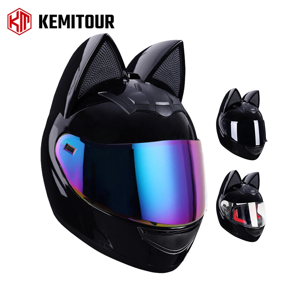 HookUpCo. Cat Ear Full Face Motorcycle Helmet for Safety