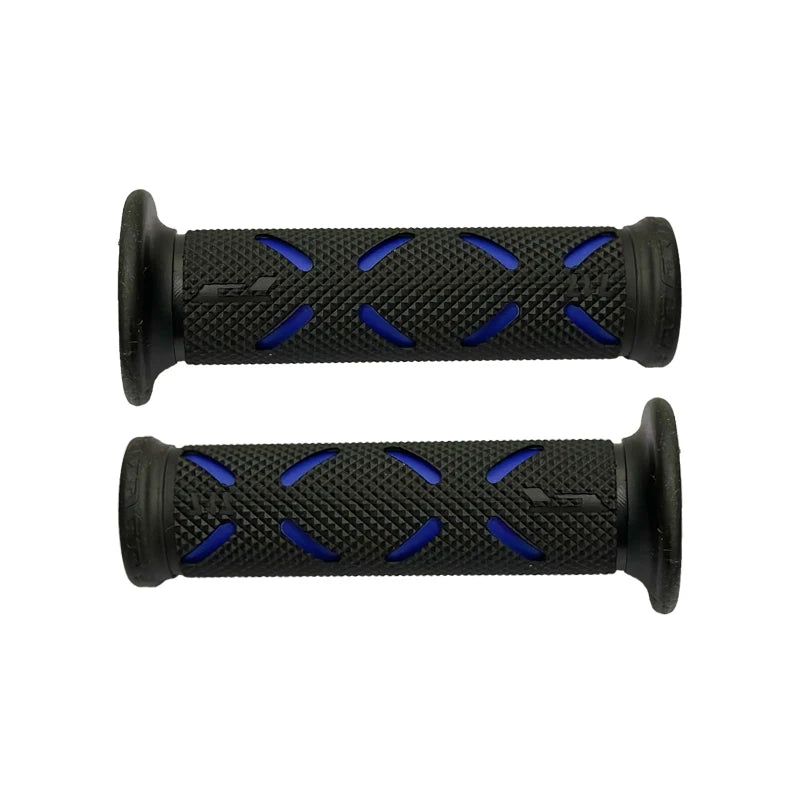 HookUpCo 22mm universal bike grips, black textured rubber with blue diamond pattern and end caps.