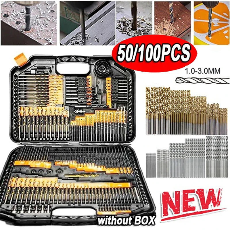 Set of drill bits in a case with additional drill bits displayed, labeled '50/100PCS' and 'NEW'.