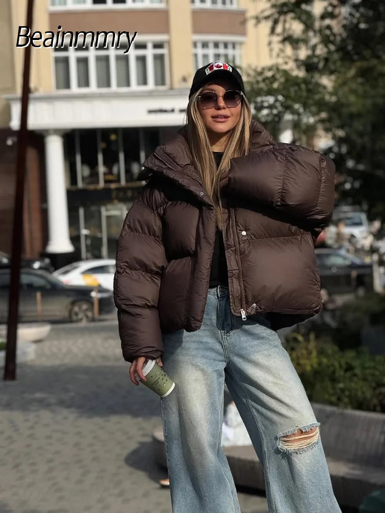 HookUpCo. Women's Brown Hooded Cotton Coat for Winter Wear