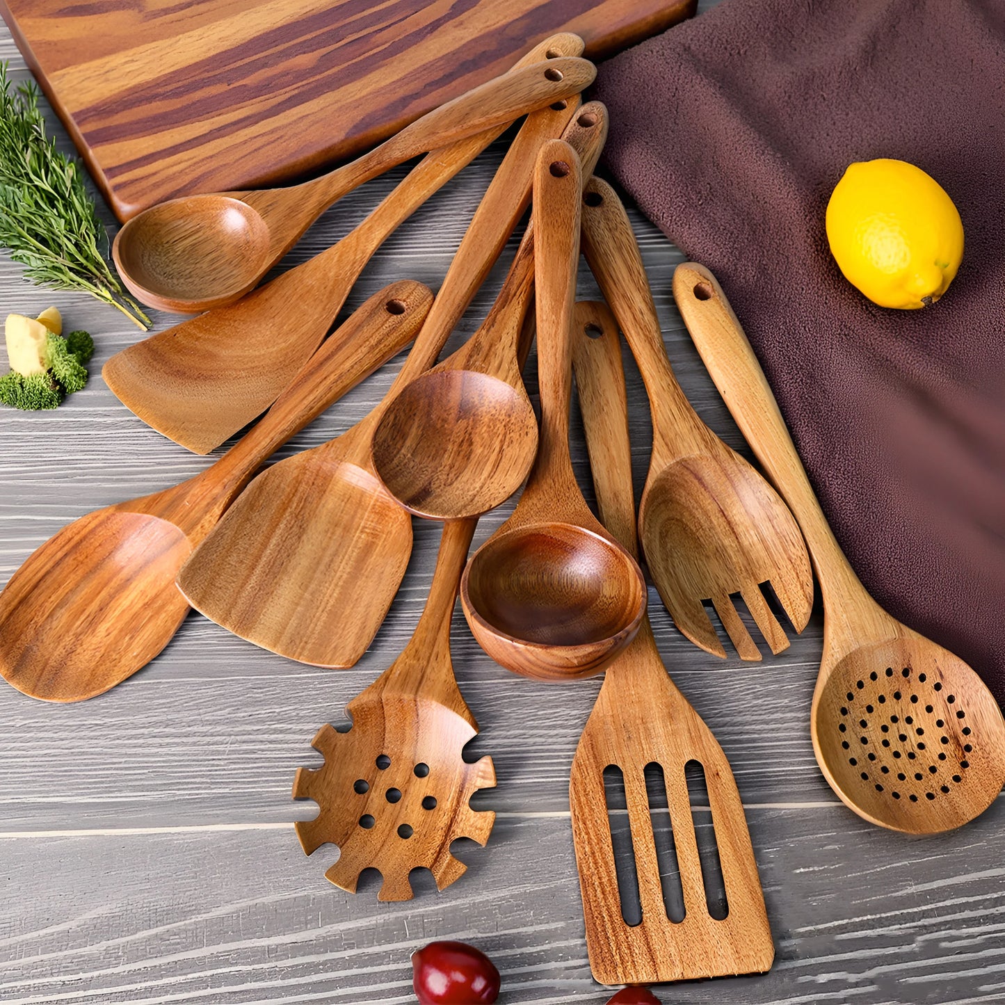 Eco-Friendly Wooden Cooking Spoons Set - 10 Durable Utensils