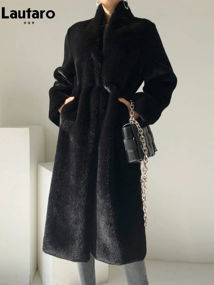 HookUpCo. Luxury Black Faux Mink Fur Coat for Women
