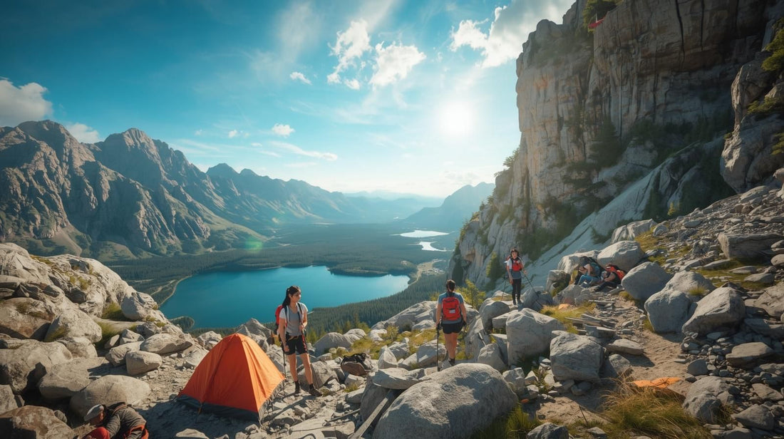 Group camping and hiking on rocky mountain trail by a clear lake under blue sky