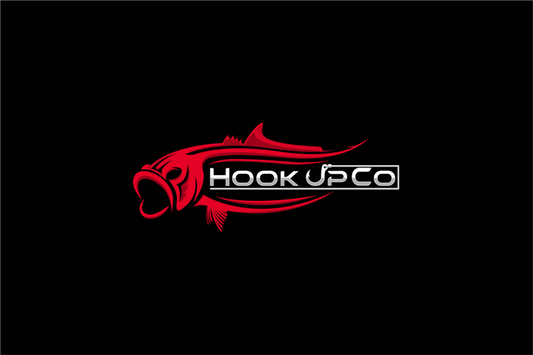 Red fish and 'Hook Up Co' logo on black background, outdoor gear theme.