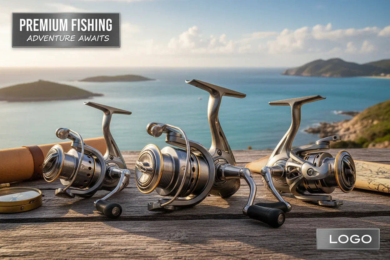 Three premium fishing reels displayed on a wooden deck with scenic ocean and island background.