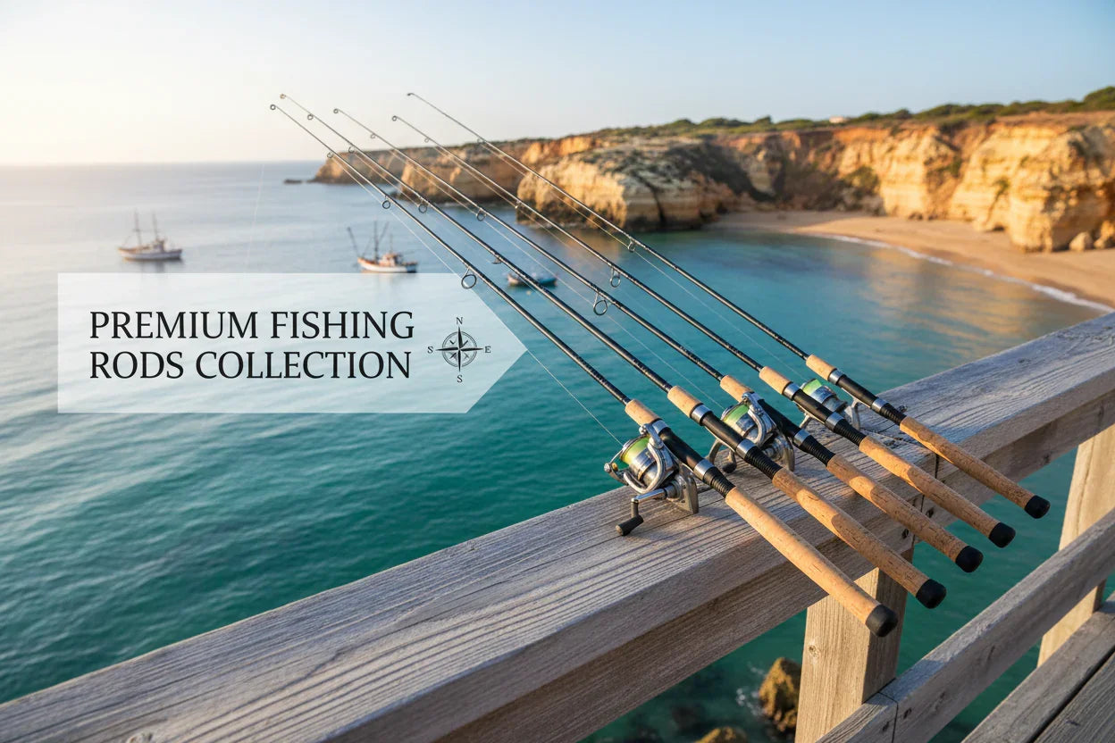 Five premium fishing rods on a wooden railing by the ocean, coastal cliffs and boats in background