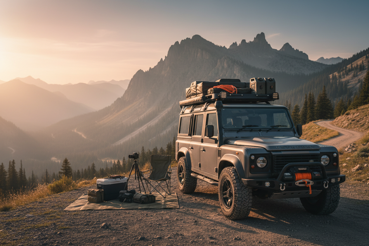 Automotive and motorcycle collection banner showing a luxury car interior with travel accessories and a green cafe racer motorcycle with helmet, gloves, and boots outdoors.