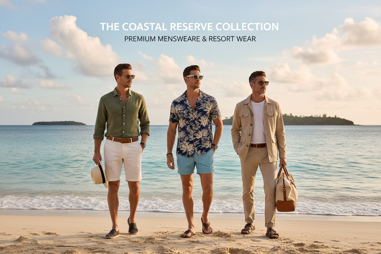 three fashionably dressed men on a beach wearing shorts print shirts hats and glasses