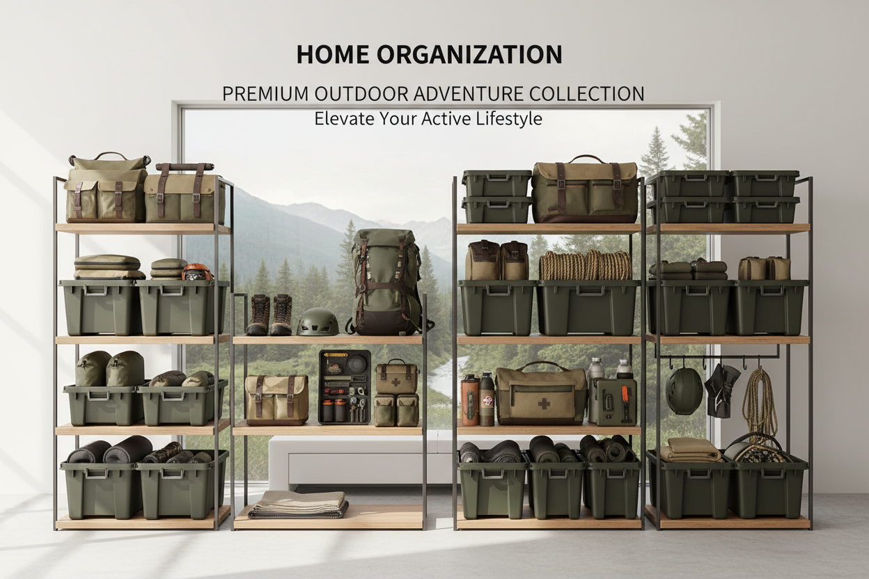 Outdoor gear and storage bins organized on shelves with backpacks, boots, and travel essentials.
