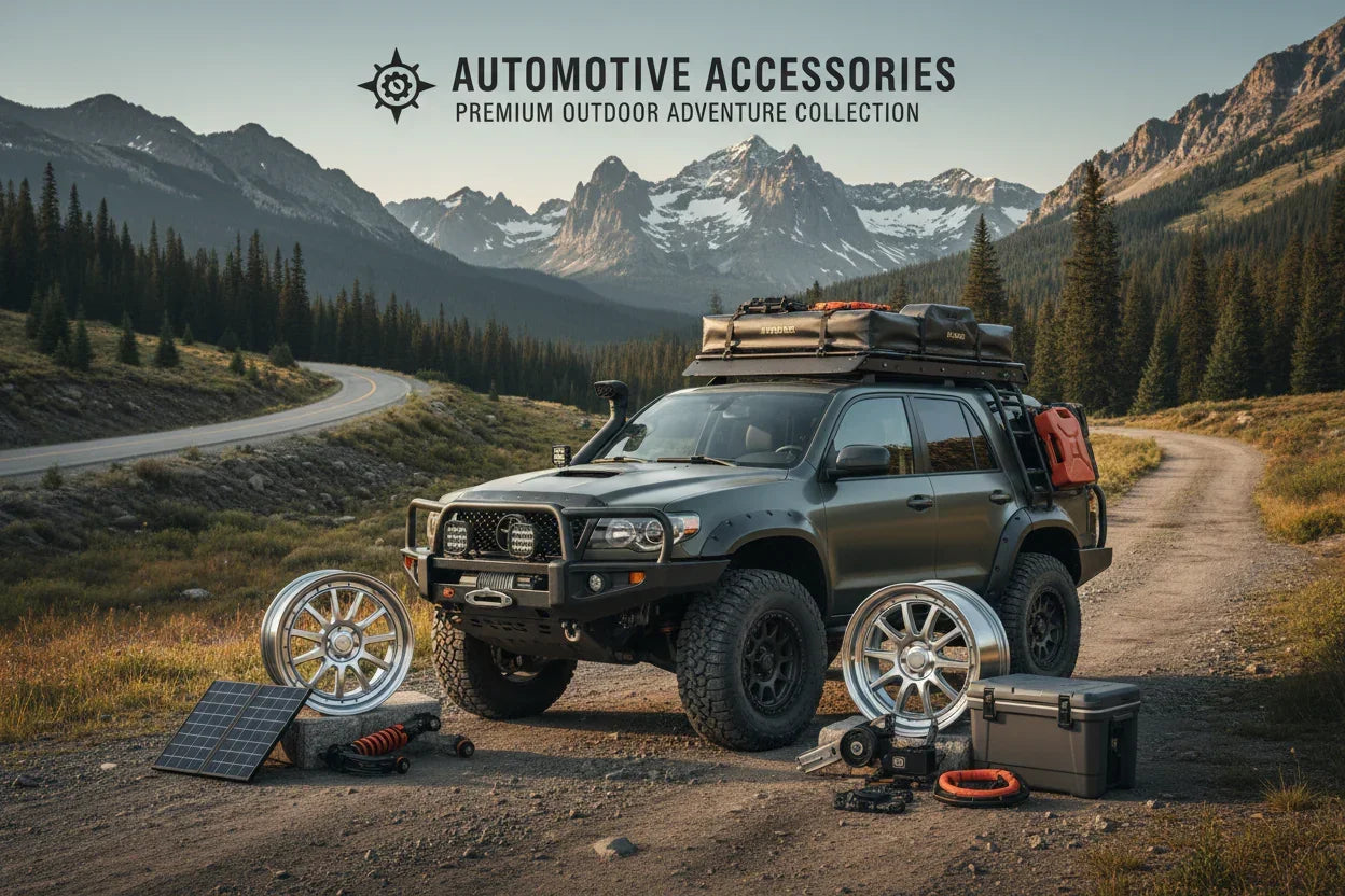 SUV with roof rack and camping gear, alloy wheels, solar panel, outdoor automotive accessories, mountain road