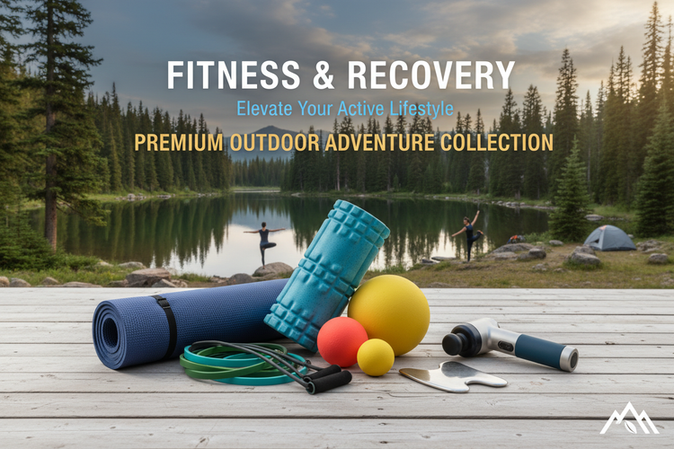 Outdoor fitness and recovery gear including yoga mat, foam roller, massage balls, and resistance bands near a lake with forest backdrop.