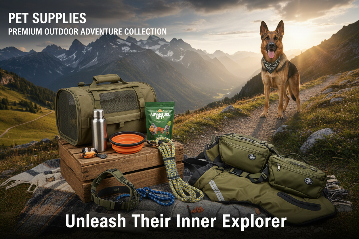 Dog outdoor adventure gear kit with backpack, bowl, leash, treats, and carrier on mountain trail