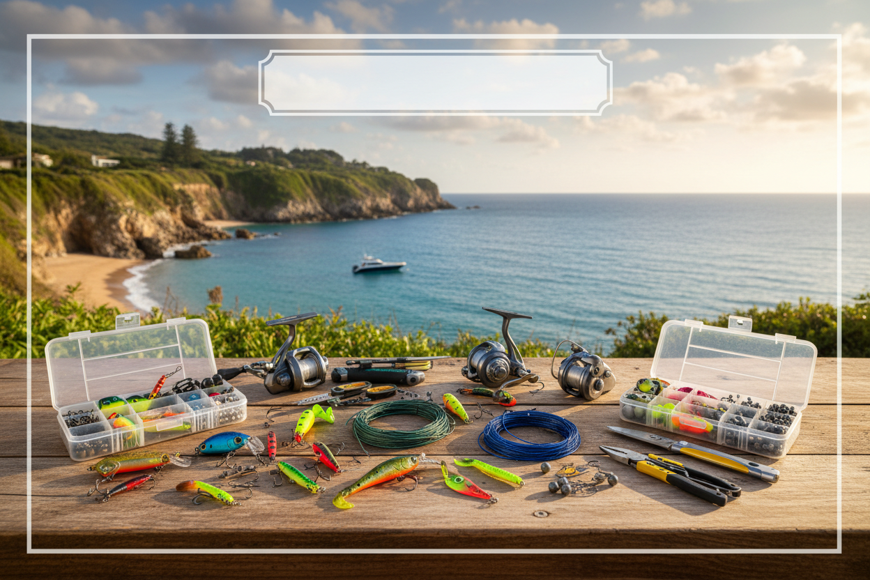 picture of fishing tackle boxes with jigs, lures, fishing reels and gear