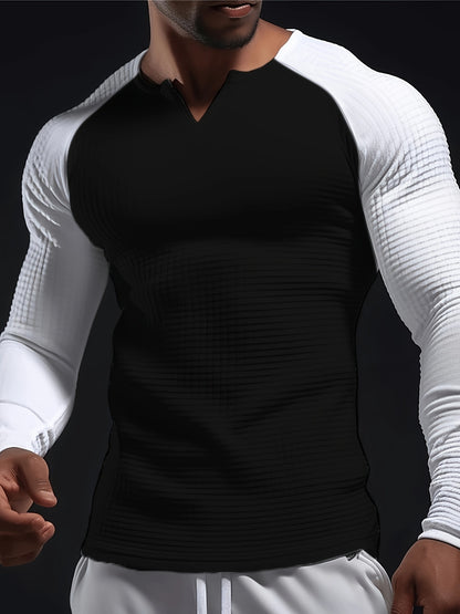 Mens Color Block Long Sleeve V-Neck T-Shirt for All Seasons