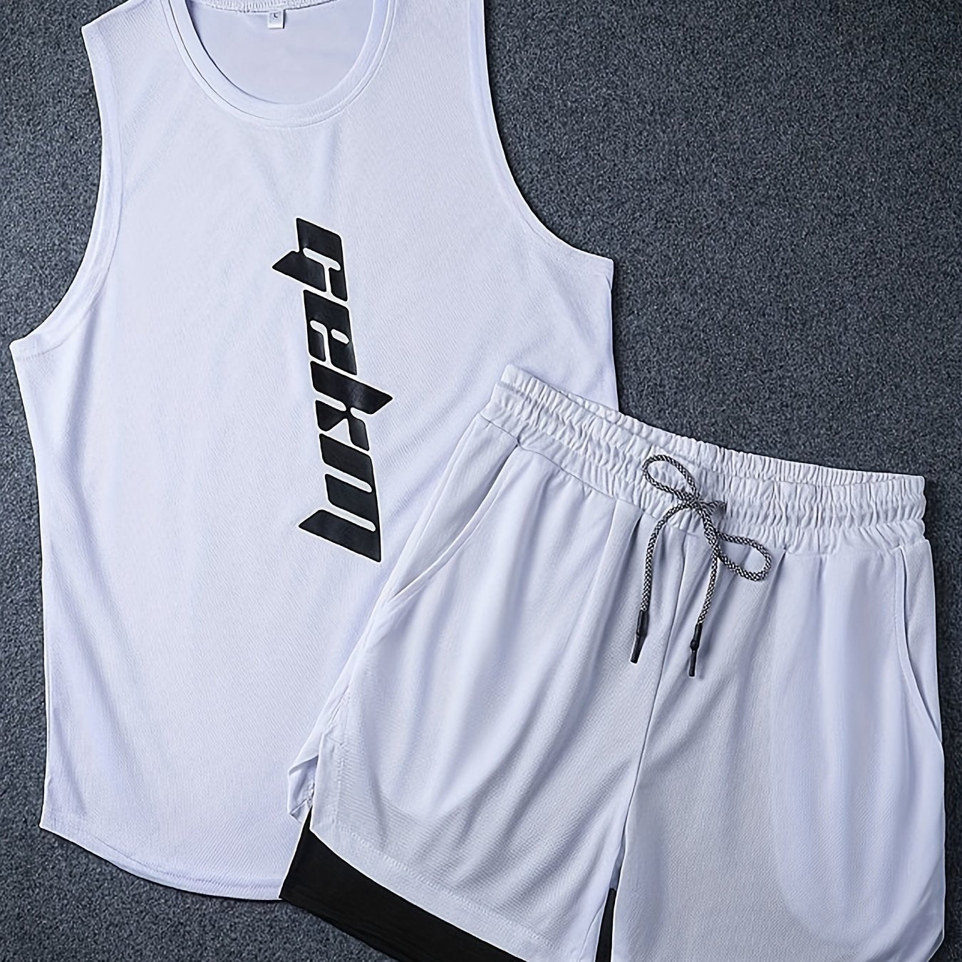 Men's 2pcs Outfits, Letter Print, Casual Graphic Tank Top 2-In-1 Shorts Set, Men's Clothing