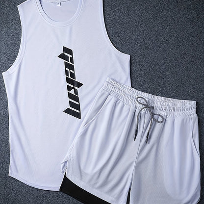 Men's 2pcs Outfits, Letter Print, Casual Graphic Tank Top 2-In-1 Shorts Set, Men's Clothing