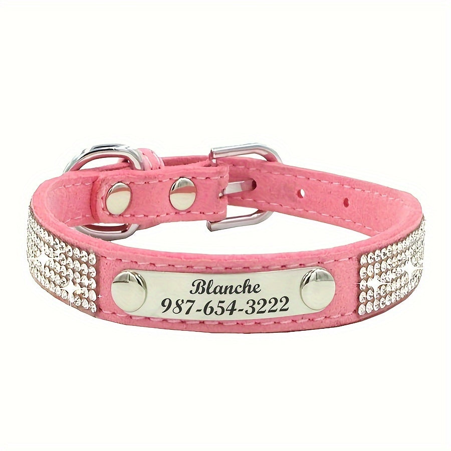 Custom Rhinestone Dog Collar with Engraved ID Tag for Pets