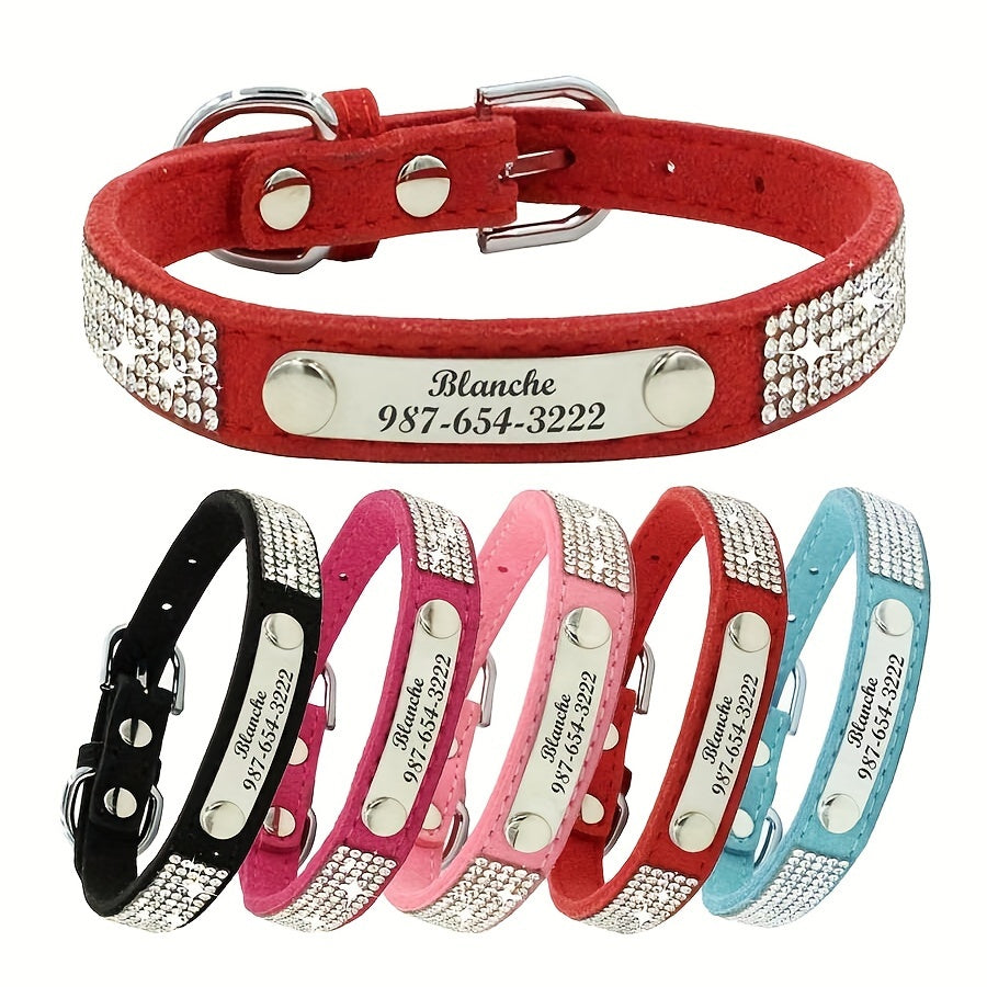 Custom Rhinestone Dog Collar with Engraved ID Tag for Pets