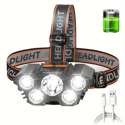 Rechargeable LED Headlamp with 5 Bright LEDs for Outdoors