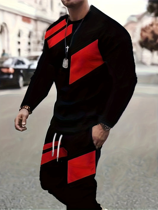 Men's 2Pcs Outfits, Casual Crew Neck Long Sleeve T-shirt And Drawstring Sweatpants Joggers Sets