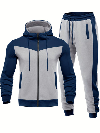 Men's Color Block Hooded Jacket and Sweatpants Set
