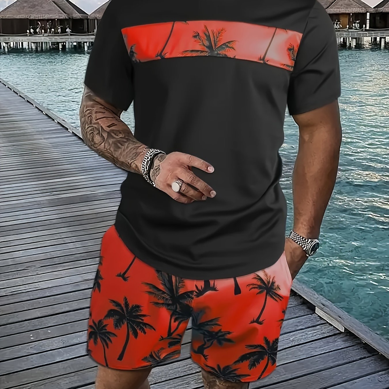 Men's Coconut Tree Pattern T-Shirt and Pink Shorts Set