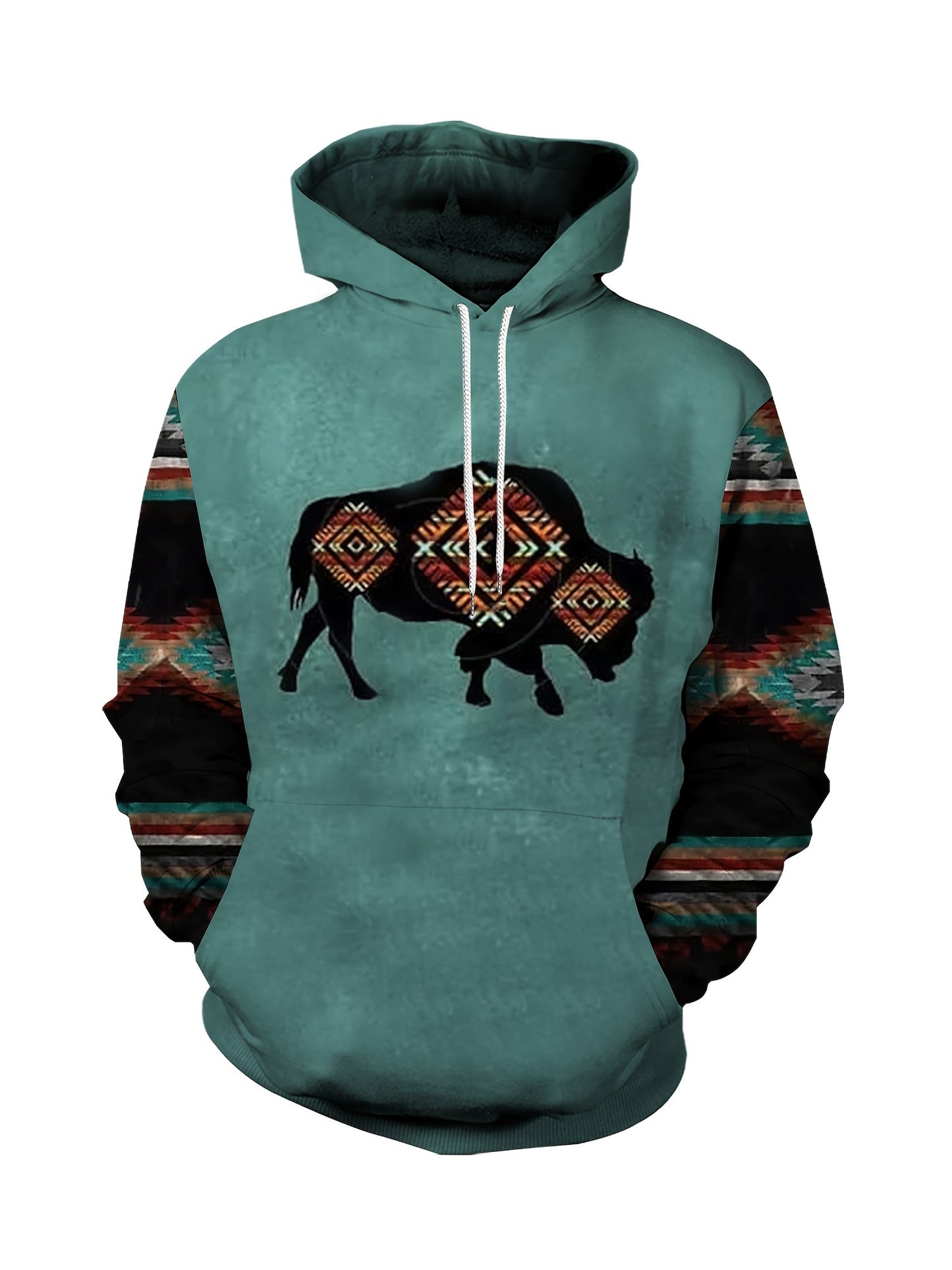 Plus Size Men's Hoodie with Bold Ethnic Prints for Fall