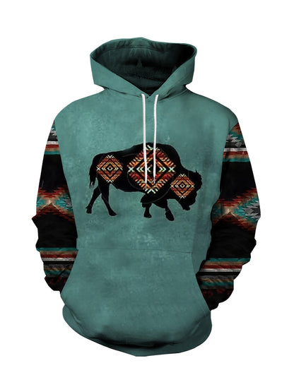 Plus Size Men's Hoodie with Bold Ethnic Prints for Fall
