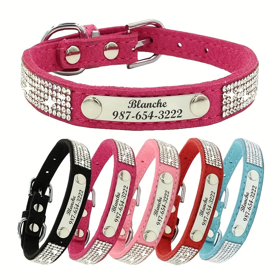 Custom Rhinestone Dog Collar with Engraved ID Tag for Pets