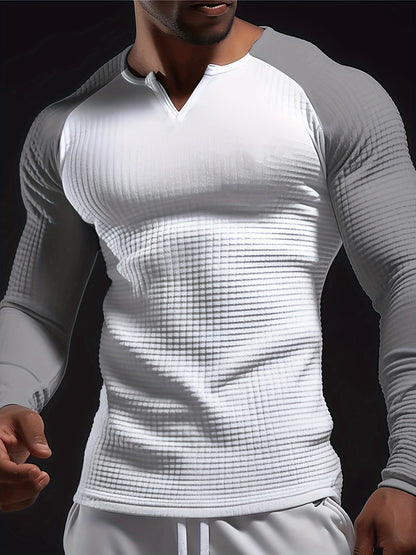 Mens Color Block Long Sleeve V-Neck T-Shirt for All Seasons