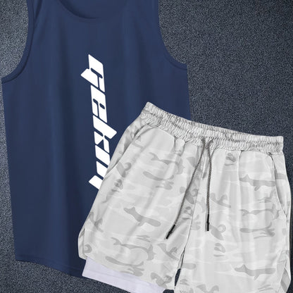 Men's 2pcs Outfits, Letter Print, Casual Graphic Tank Top 2-In-1 Shorts Set, Men's Clothing