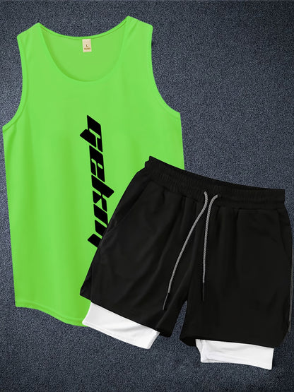 Men's 2pcs Outfits, Letter Print, Casual Graphic Tank Top 2-In-1 Shorts Set, Men's Clothing