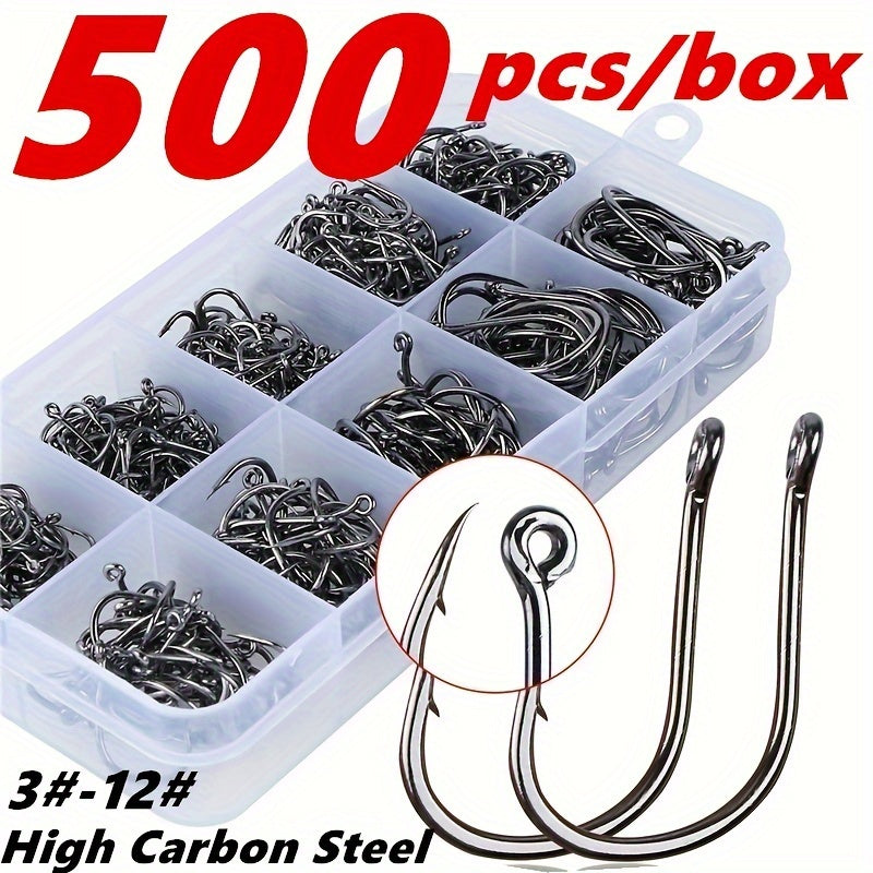 Box of 500 high carbon steel fishing hooks with close-up details on a white background.