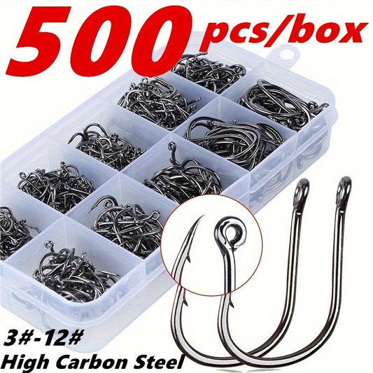 Box of 500 high carbon steel fishing hooks with close-up details on a white background.