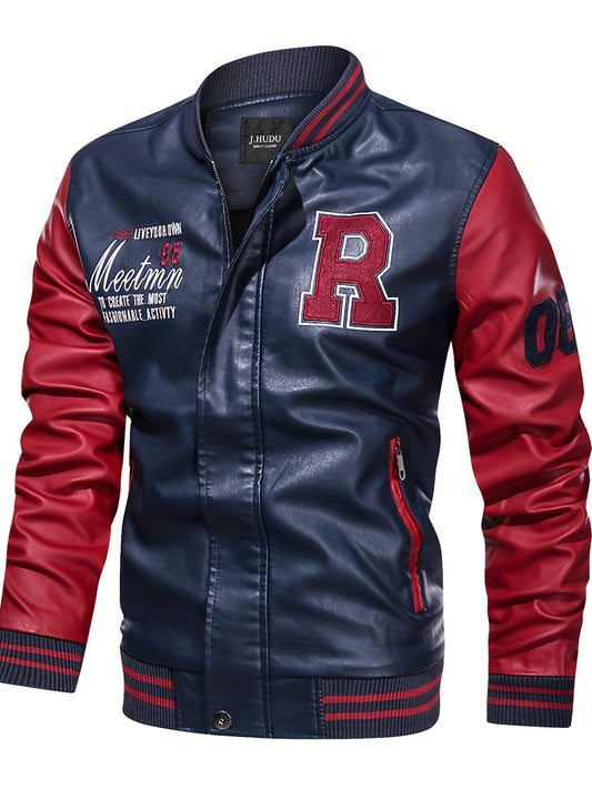 Men's Letter 'R' Print PU Jacket – Bold & Functional Wear
