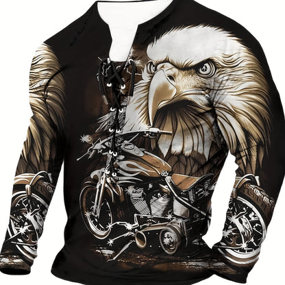 Men's V Neck Henley T-shirt with 3D Eagle Graphic Print