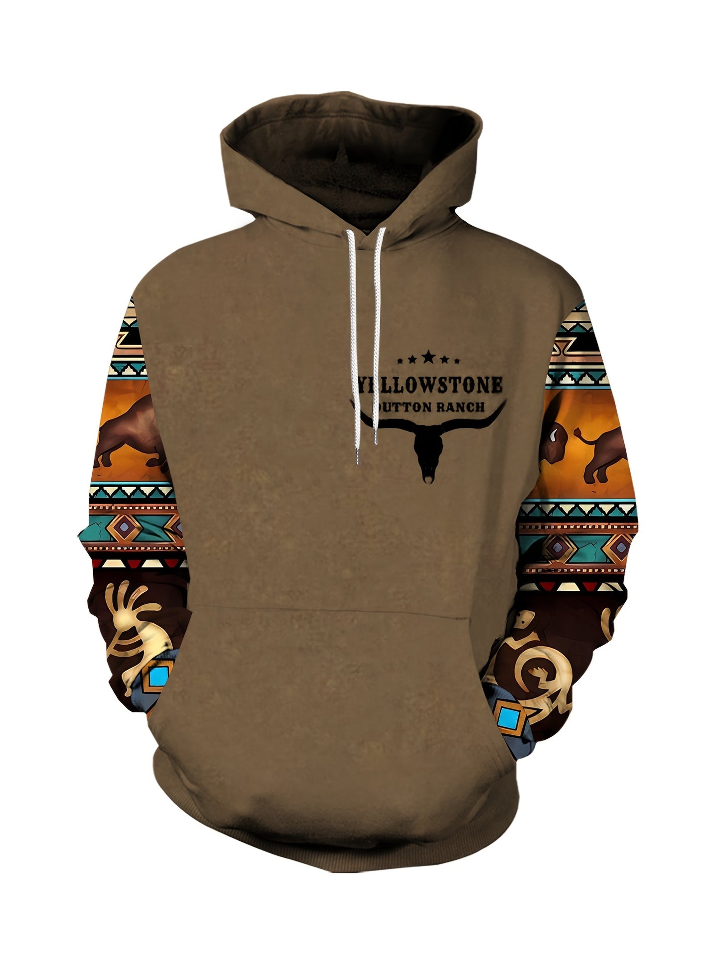 Plus Size Men's Hoodie with Bold Ethnic Prints for Fall