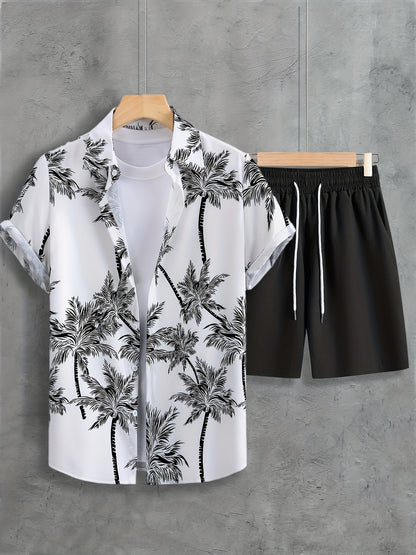 Men's Casual Coconut Tree Print Shirt and Shorts Set